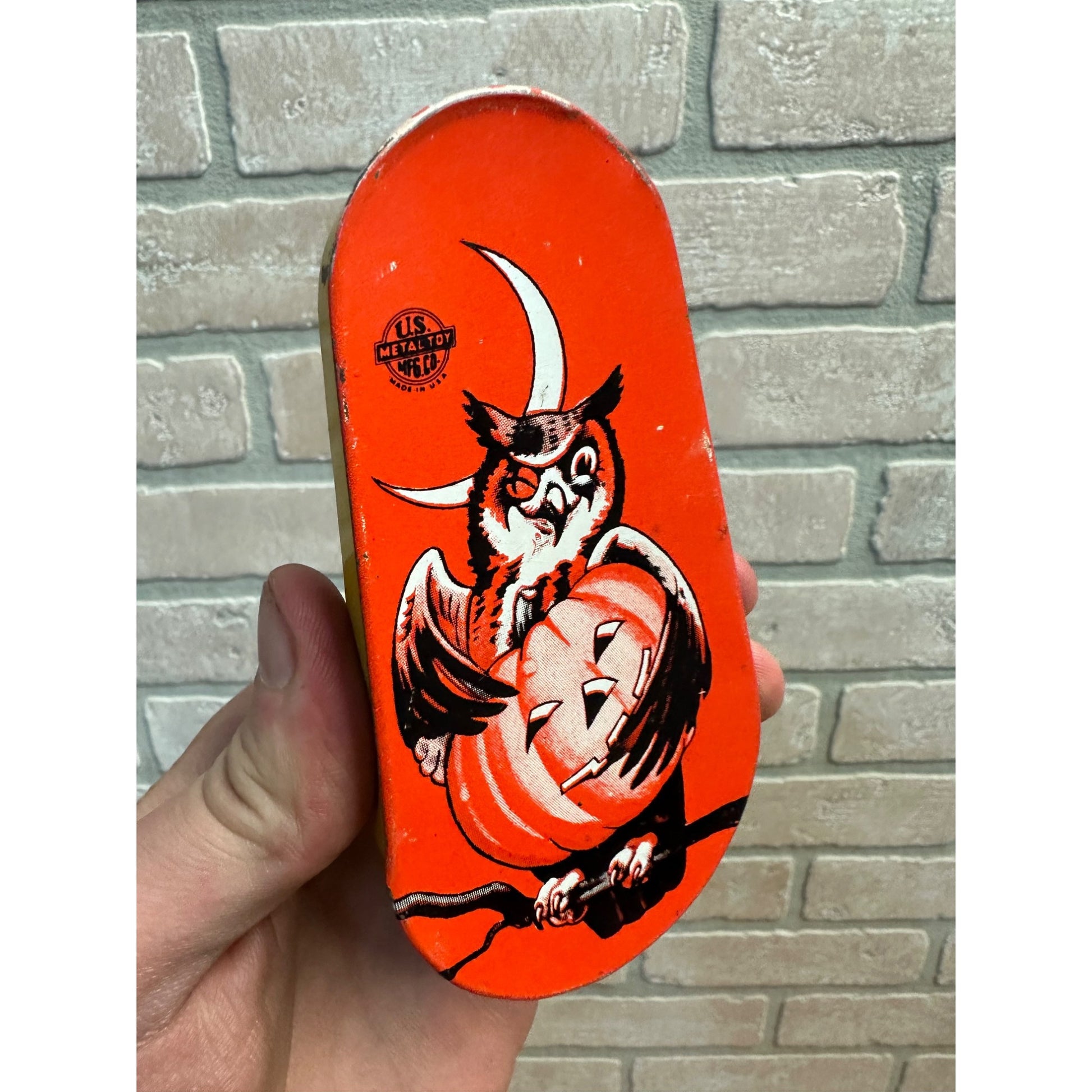 Vintage Halloween Owl & JOL Tin Litho Noisemaker US Metal Toy Co. Ratchet