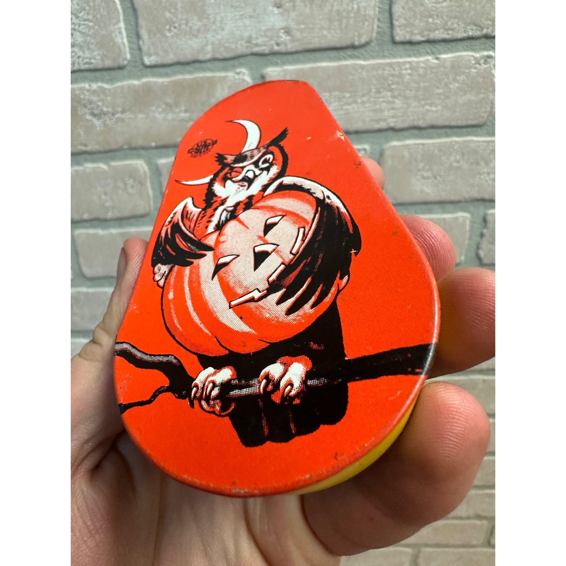 Vintage Halloween Owl & JOL Tin Litho Noisemaker US Metal Toy Co. Ratchet
