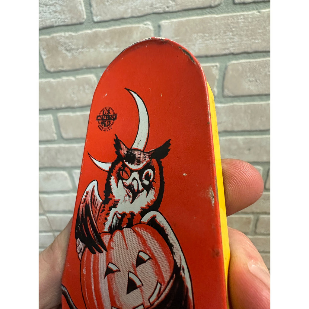 Vintage Halloween Owl & JOL Tin Litho Noisemaker US Metal Toy Co. Ratchet