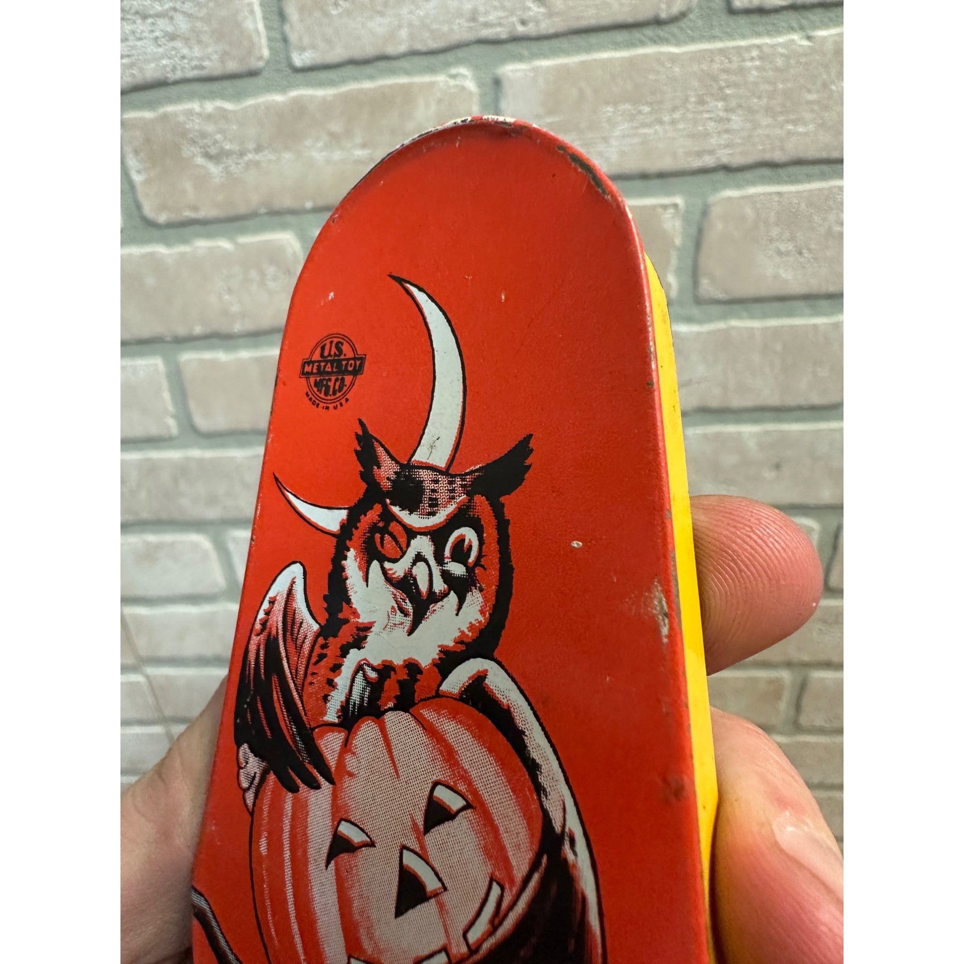 Vintage Halloween Owl & JOL Tin Litho Noisemaker US Metal Toy Co. Ratchet