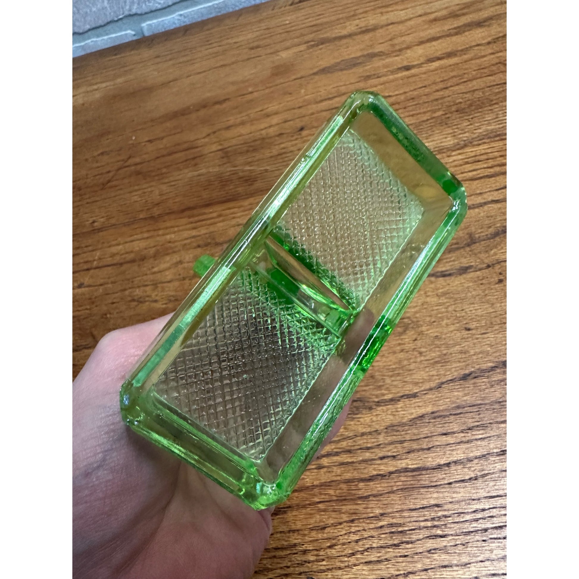 Vintage Uranium Green Salt and Pepper Shaker Caddy or Holder Depression Glass