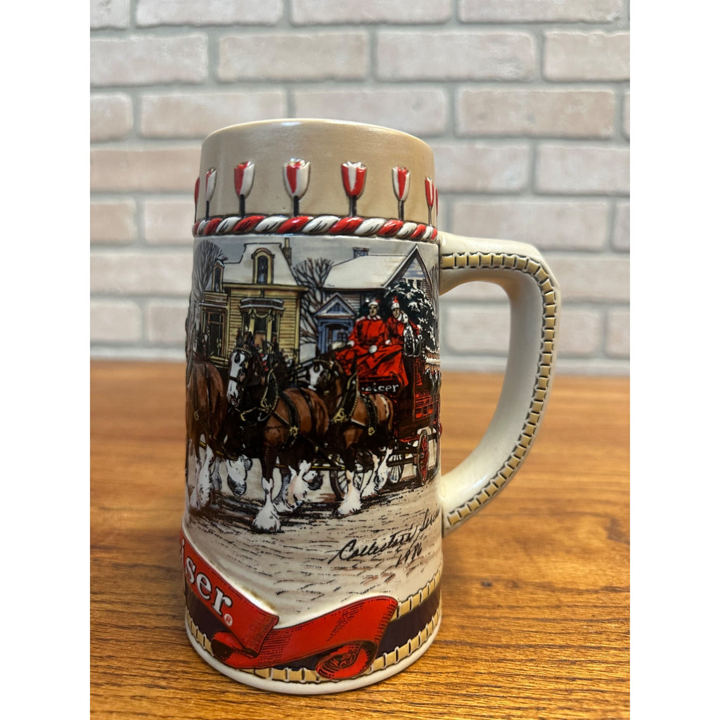 Vintage 1986 Budweiser Stein Clydesdales Holiday Beer Mug 3D Ceramarte Brazil