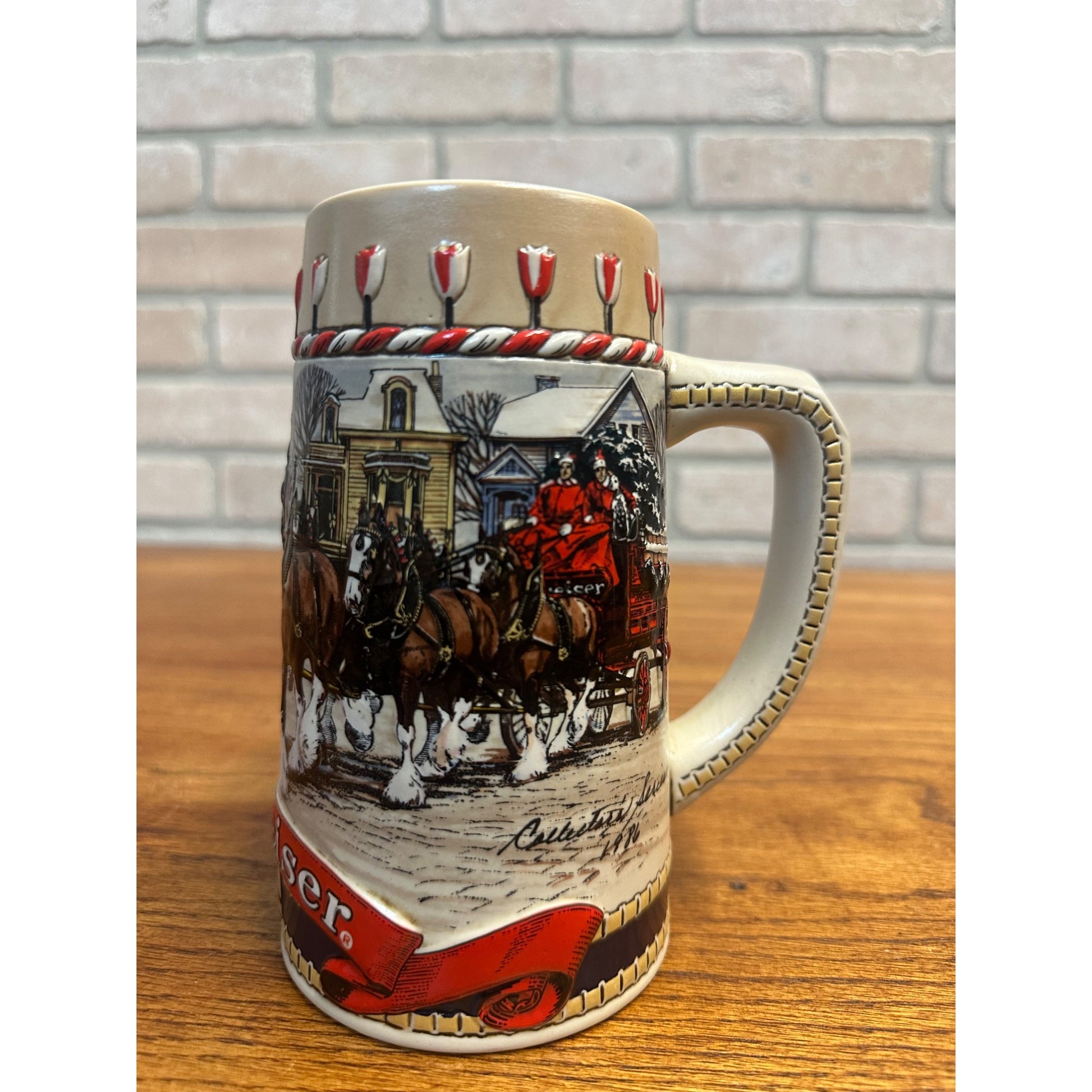 Vintage 1986 Budweiser Stein Clydesdales Holiday Beer Mug 3D Ceramarte Brazil