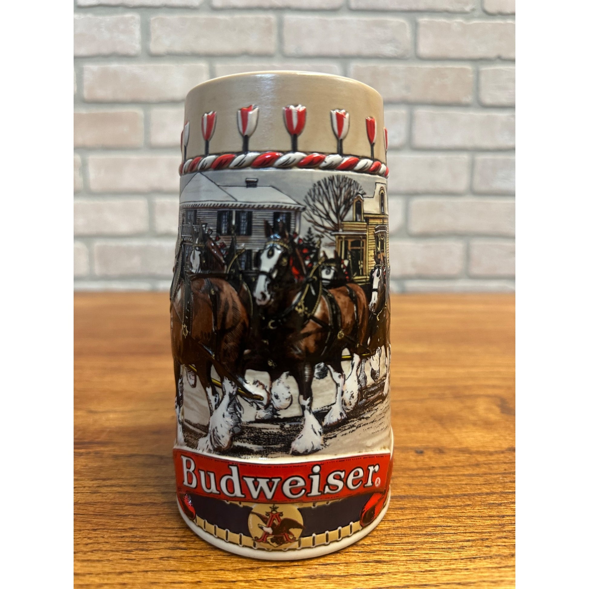 Vintage 1986 Budweiser Stein Clydesdales Holiday Beer Mug 3D Ceramarte Brazil
