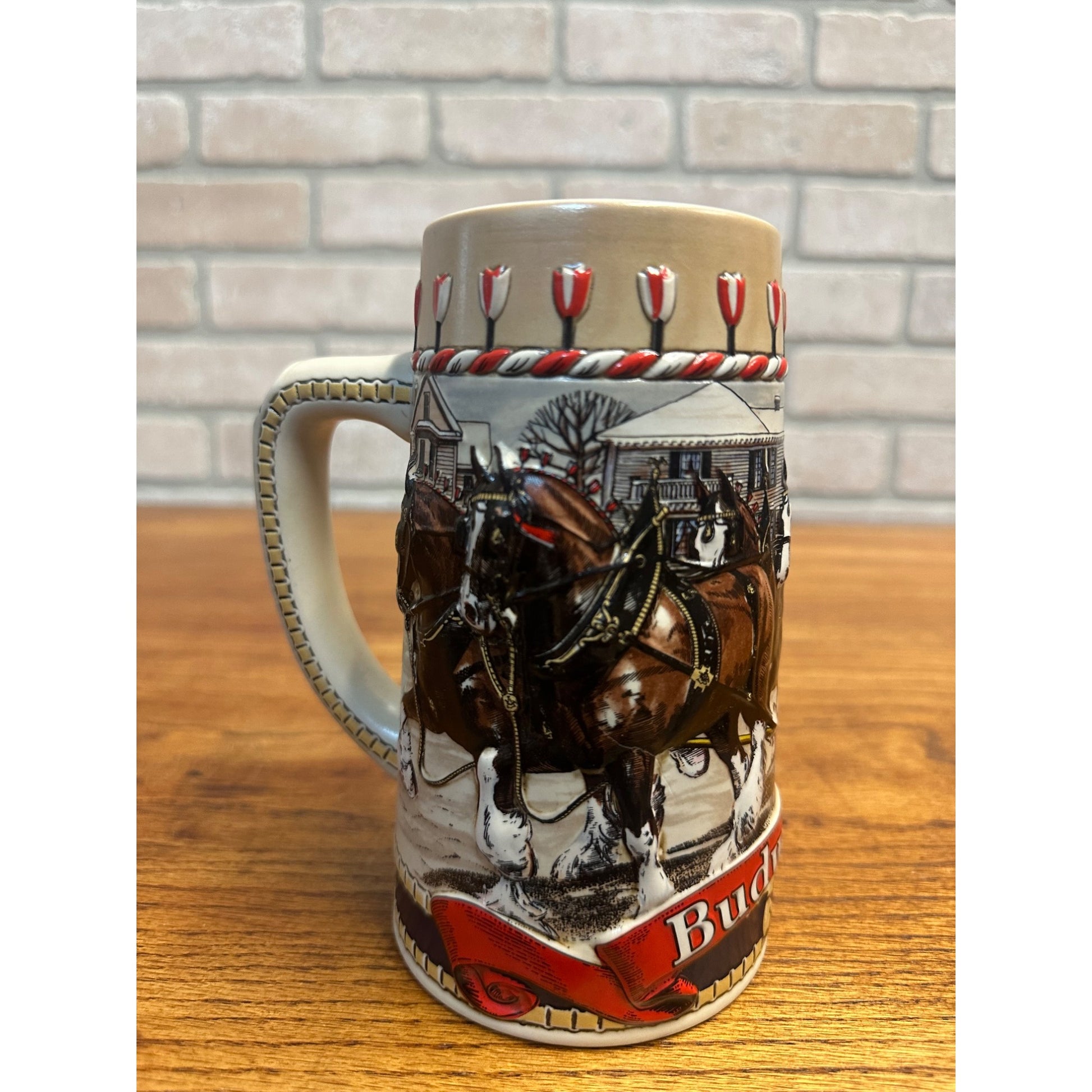 Vintage 1986 Budweiser Stein Clydesdales Holiday Beer Mug 3D Ceramarte Brazil