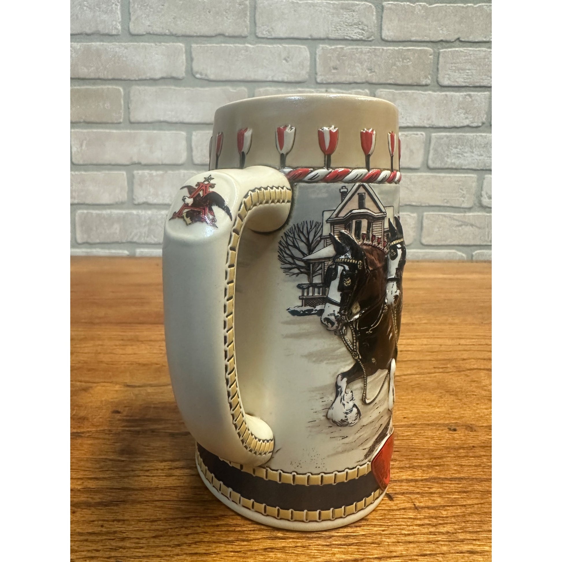 Vintage 1986 Budweiser Stein Clydesdales Holiday Beer Mug 3D Ceramarte Brazil