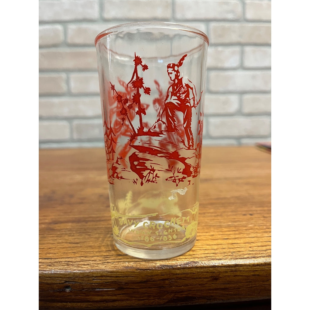 Vintage 1950s Davy Crockett Indian Fighter Glass Tumbler Drinking Glass Red