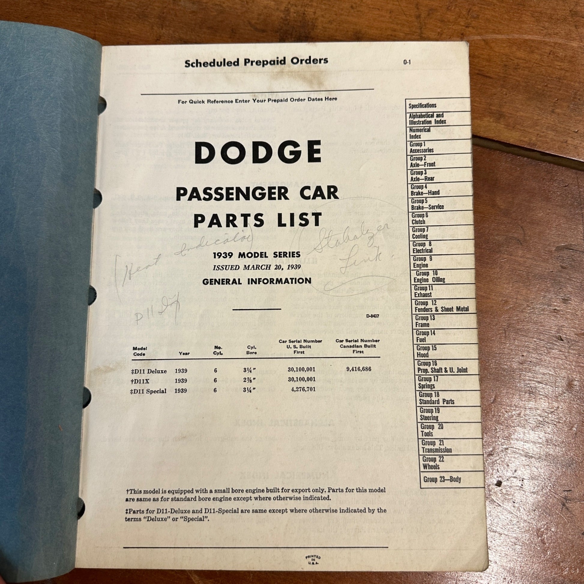 Vintage Dodge Passenger Car Parts List Book - 1939 Models - Chrysler Corp