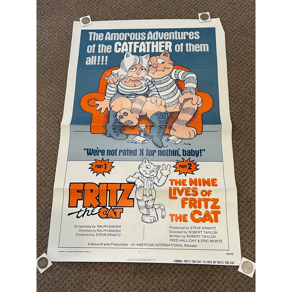 Vintage 1975 FRITZ THE CAT NINE LIVES Cartoon Original Movie Poster 27x41