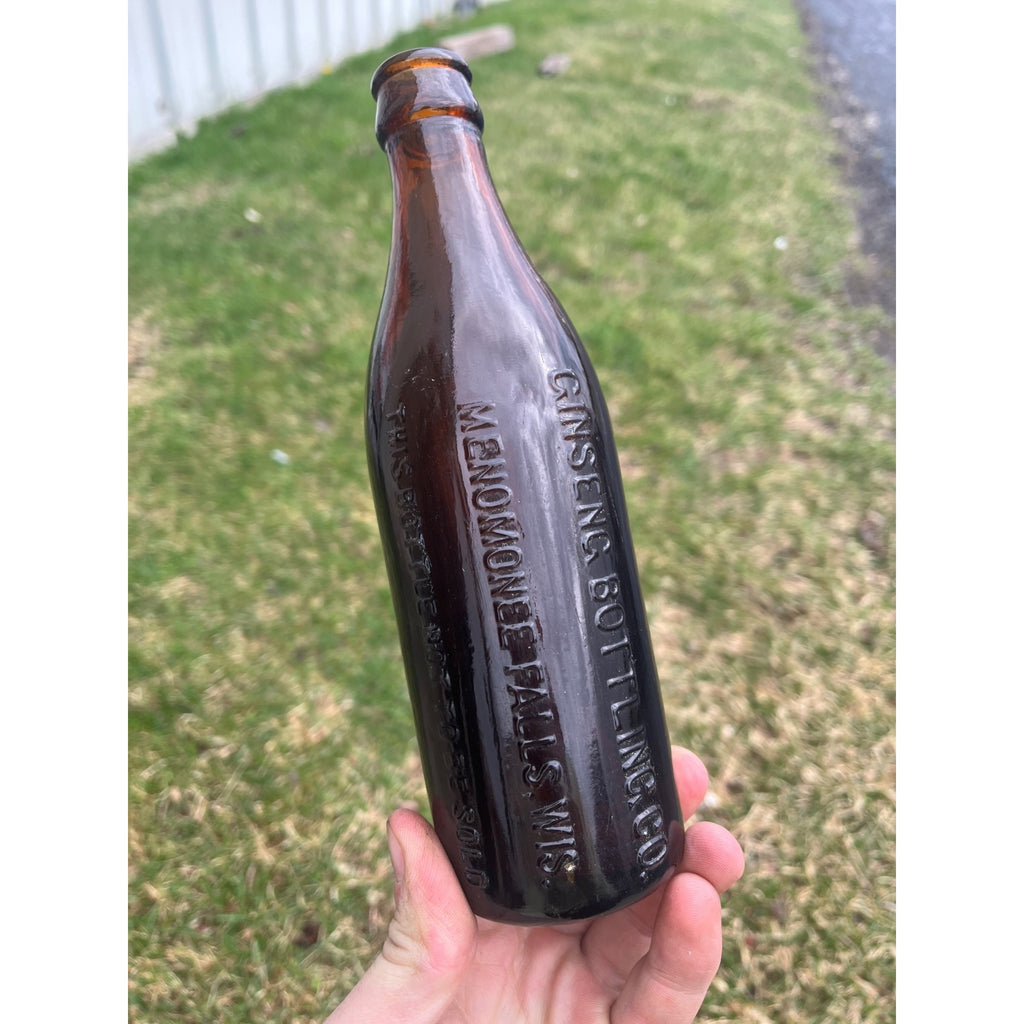 Rare Unique Amber GINSENG BOTTLING Co MENOMONEE FALLS WIS Wisconsin WI Bottle