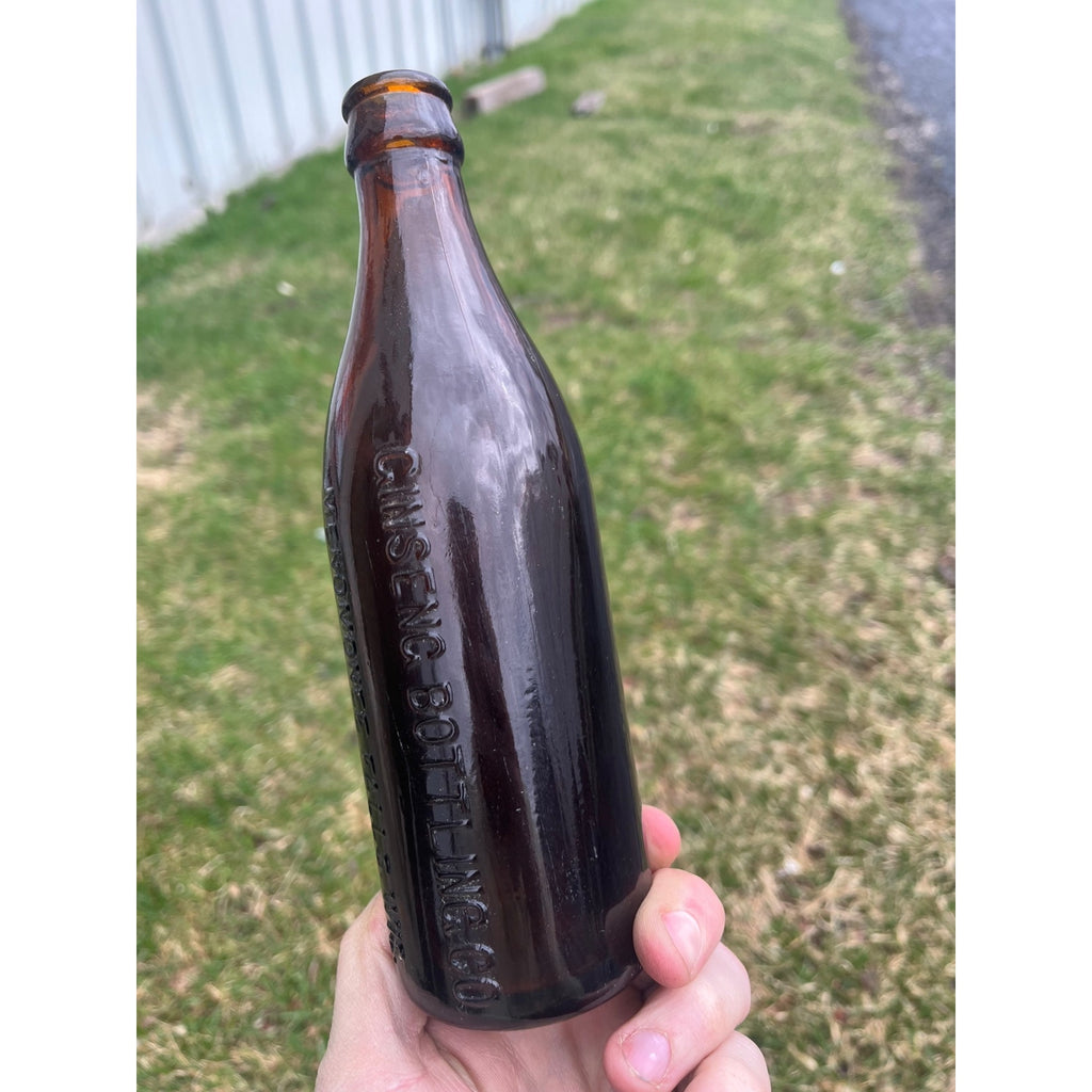 Rare Unique Amber GINSENG BOTTLING Co MENOMONEE FALLS WIS Wisconsin WI Bottle