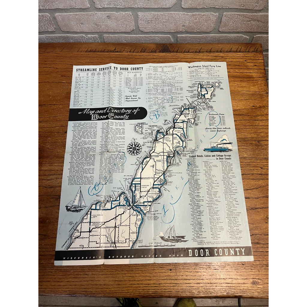 Vintage 1940s Door County Wisconsin Fun Map & Travel Brochure