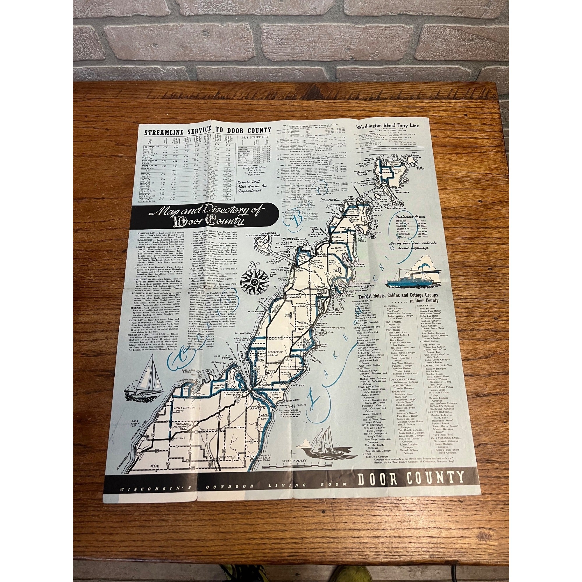 Vintage 1940s Door County Wisconsin Fun Map & Travel Brochure