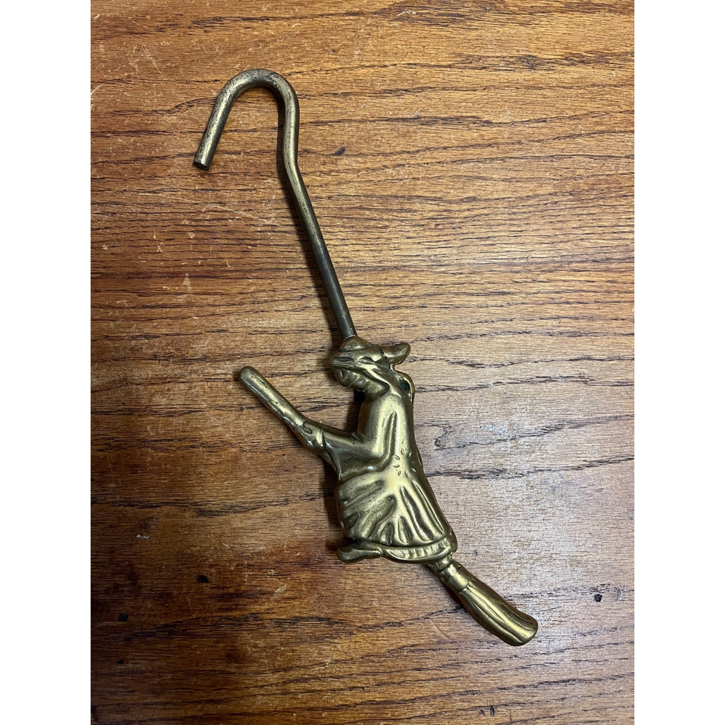 Vintage 1950s Halloween Brass Witch on Broom Fireplace Damper Hook 12"