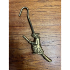 Vintage 1950s Halloween Brass Witch on Broom Fireplace Damper Hook 12"