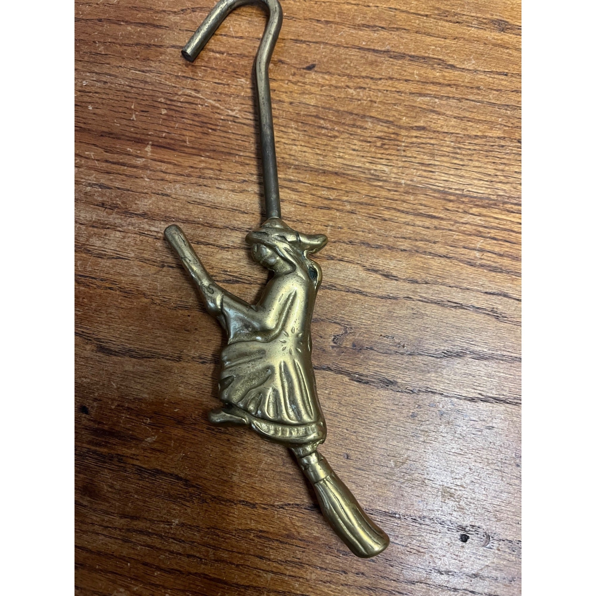 Vintage 1950s Halloween Brass Witch on Broom Fireplace Damper Hook 12"