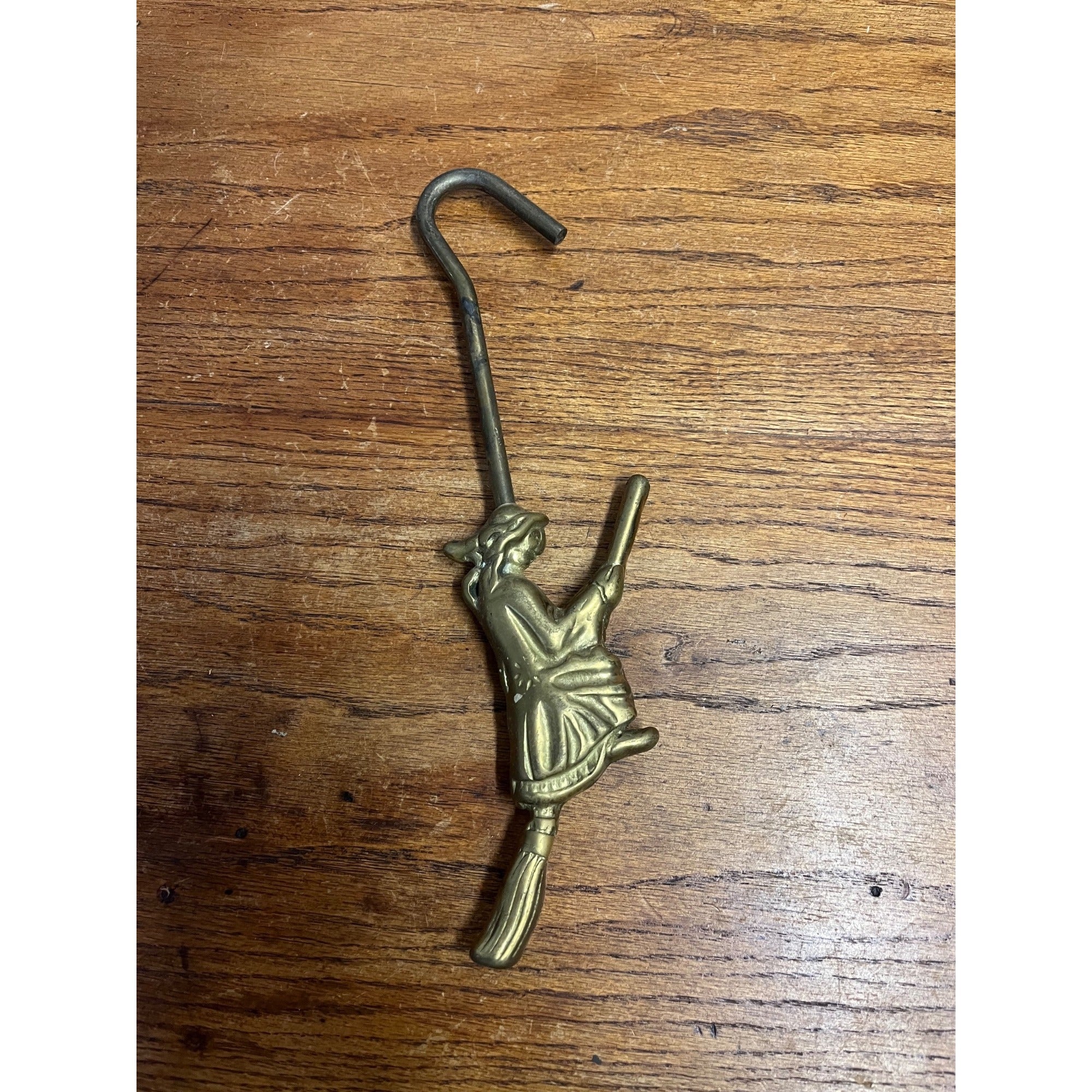 Vintage 1950s Halloween Brass Witch on Broom Fireplace Damper Hook 12"