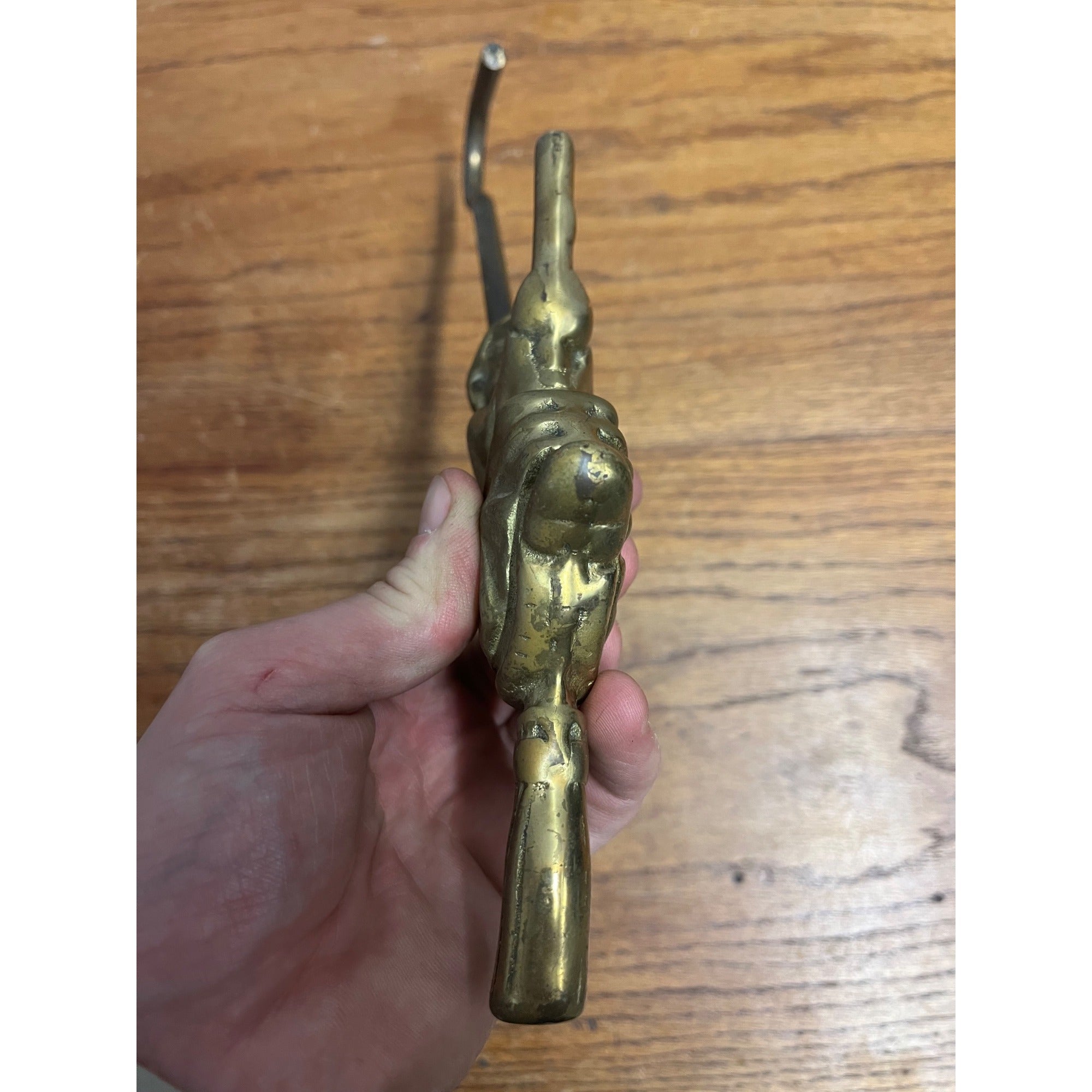 Vintage 1950s Halloween Brass Witch on Broom Fireplace Damper Hook 12"