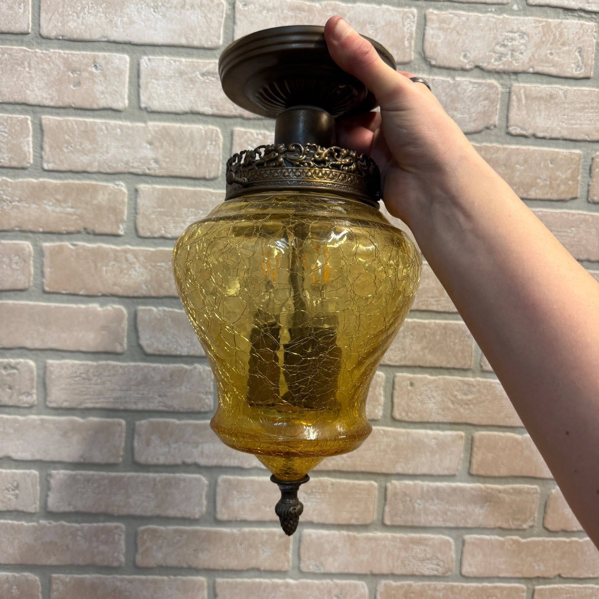 Vintage Mid Century Amber Crackle Swag Light Lamp Fixture Ceiling Mount Boho