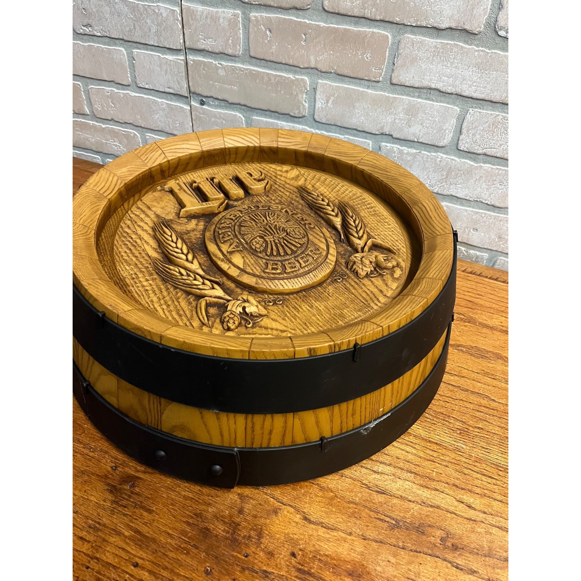 Vintage Miller Lite Beer Faux Wood Plastic Barrel Back Bar Sign 18" Diameter