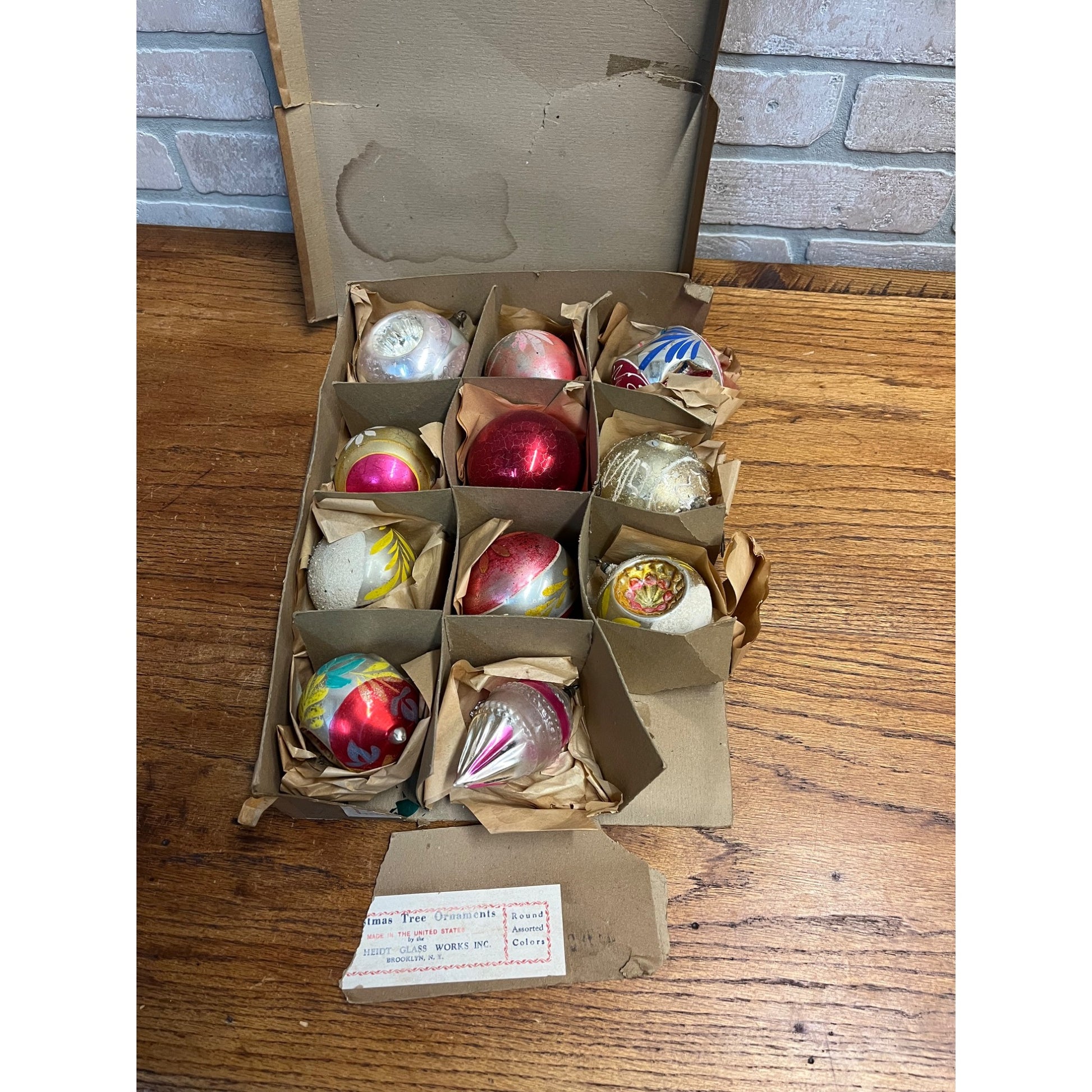 Vintage c1930s Box of Heidt Glass Works Hand Blown Christmas Ornaments