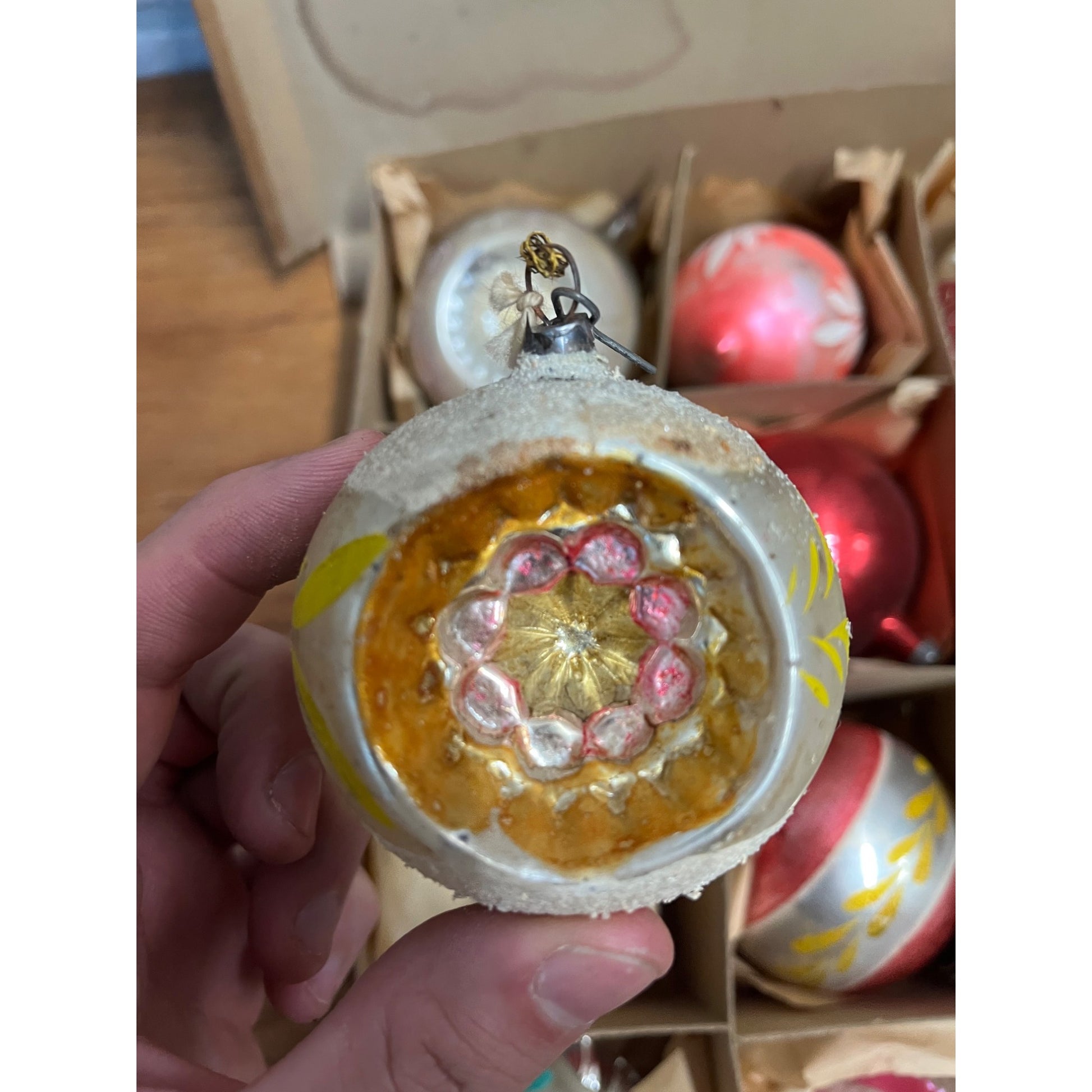 Vintage c1930s Box of Heidt Glass Works Hand Blown Christmas Ornaments