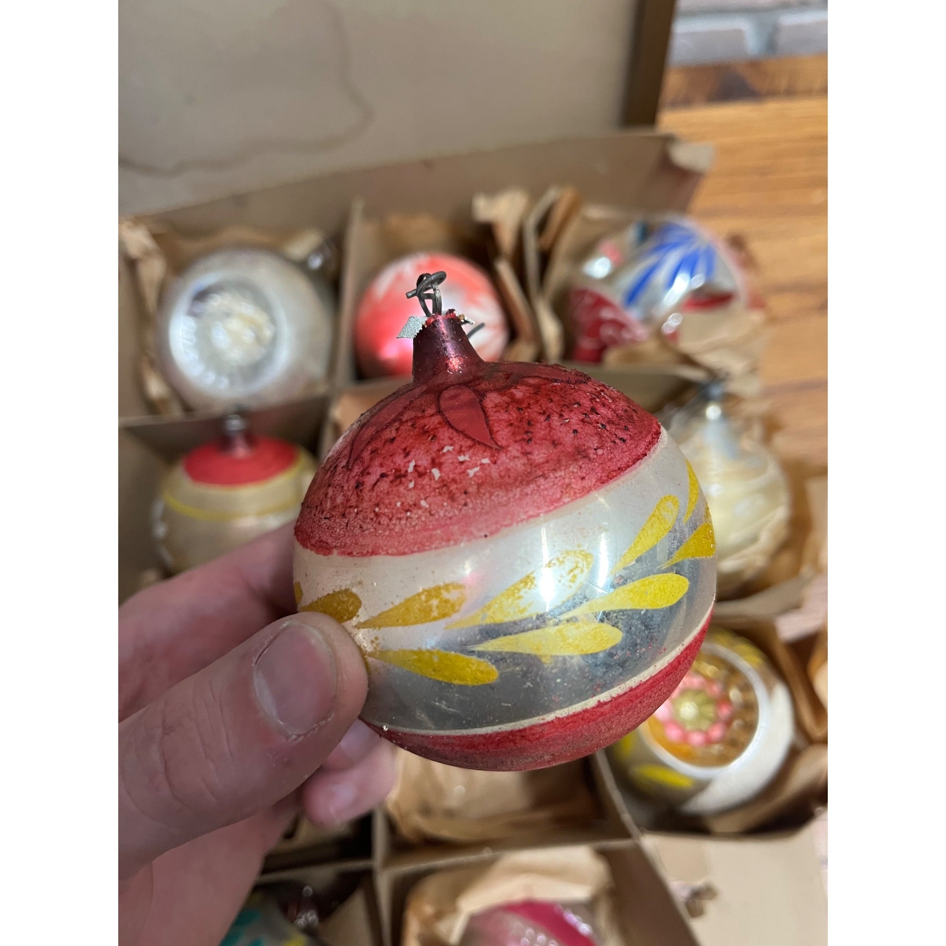 Vintage c1930s Box of Heidt Glass Works Hand Blown Christmas Ornaments