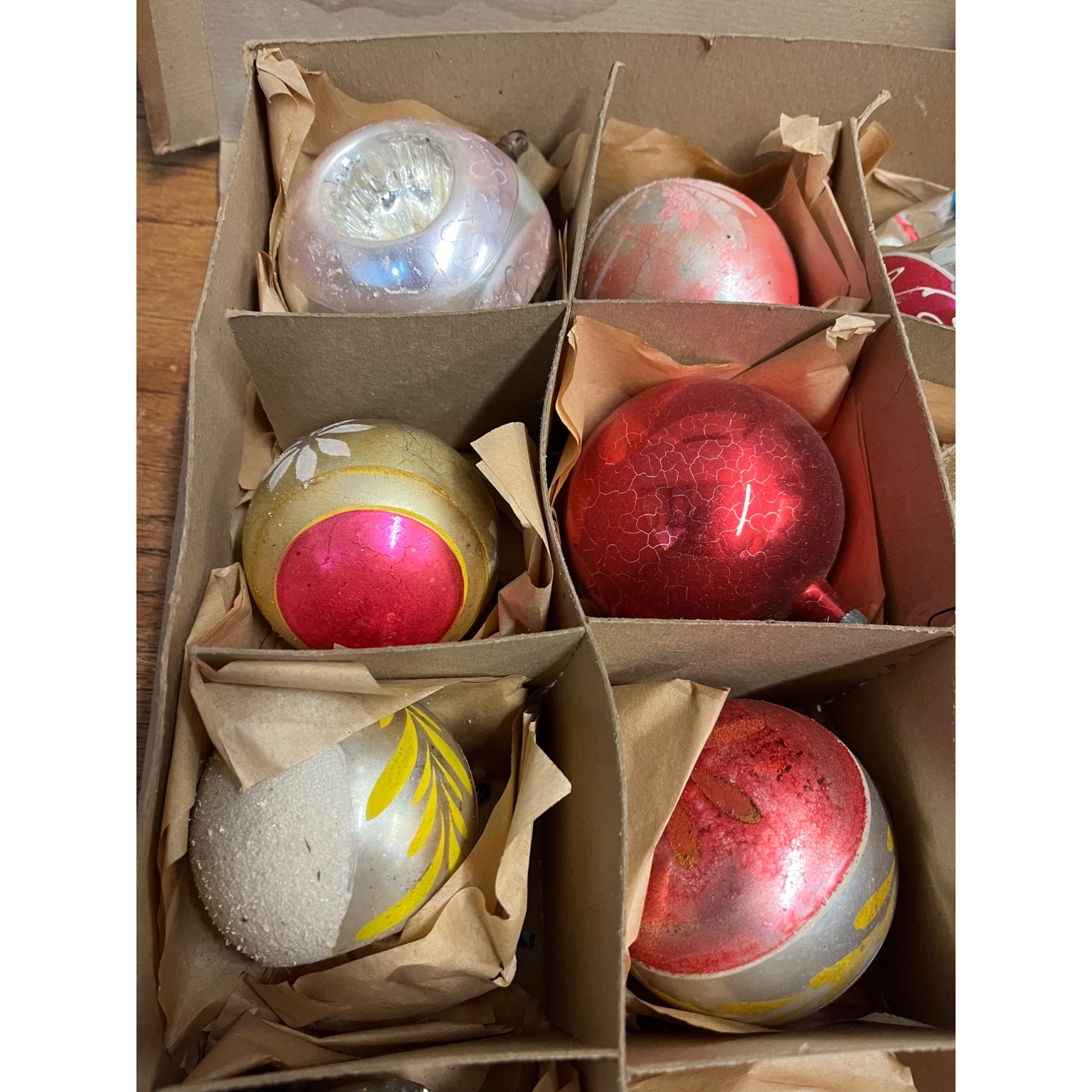 Vintage c1930s Box of Heidt Glass Works Hand Blown Christmas Ornaments