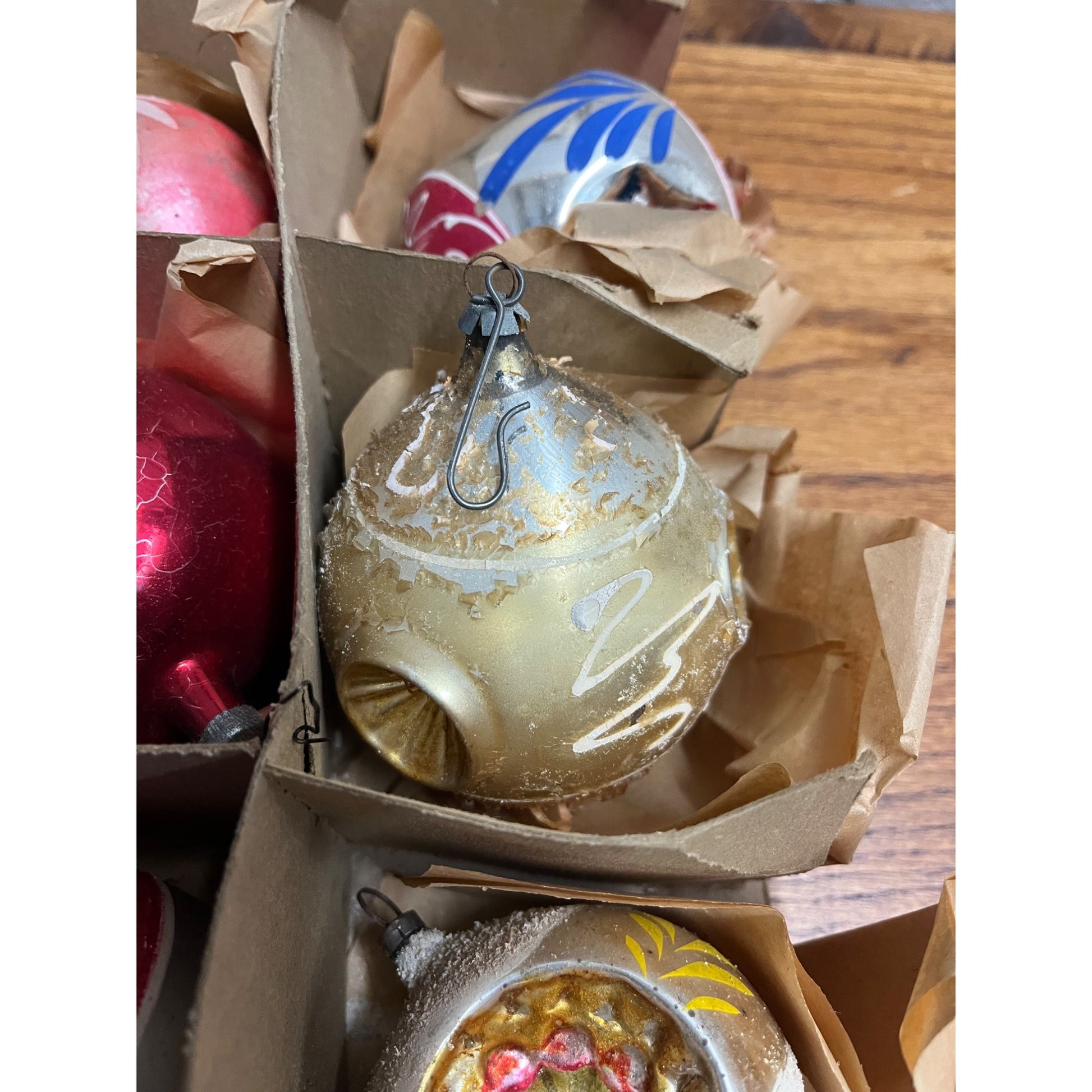 Vintage c1930s Box of Heidt Glass Works Hand Blown Christmas Ornaments