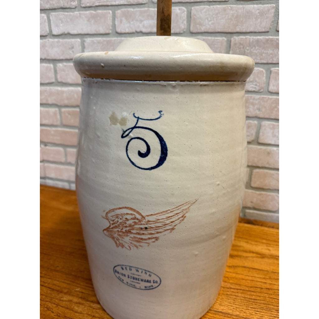 5 Gallon Red Wing Butter Churn W/ Lid and Handle Hairline Cracks - As-Is