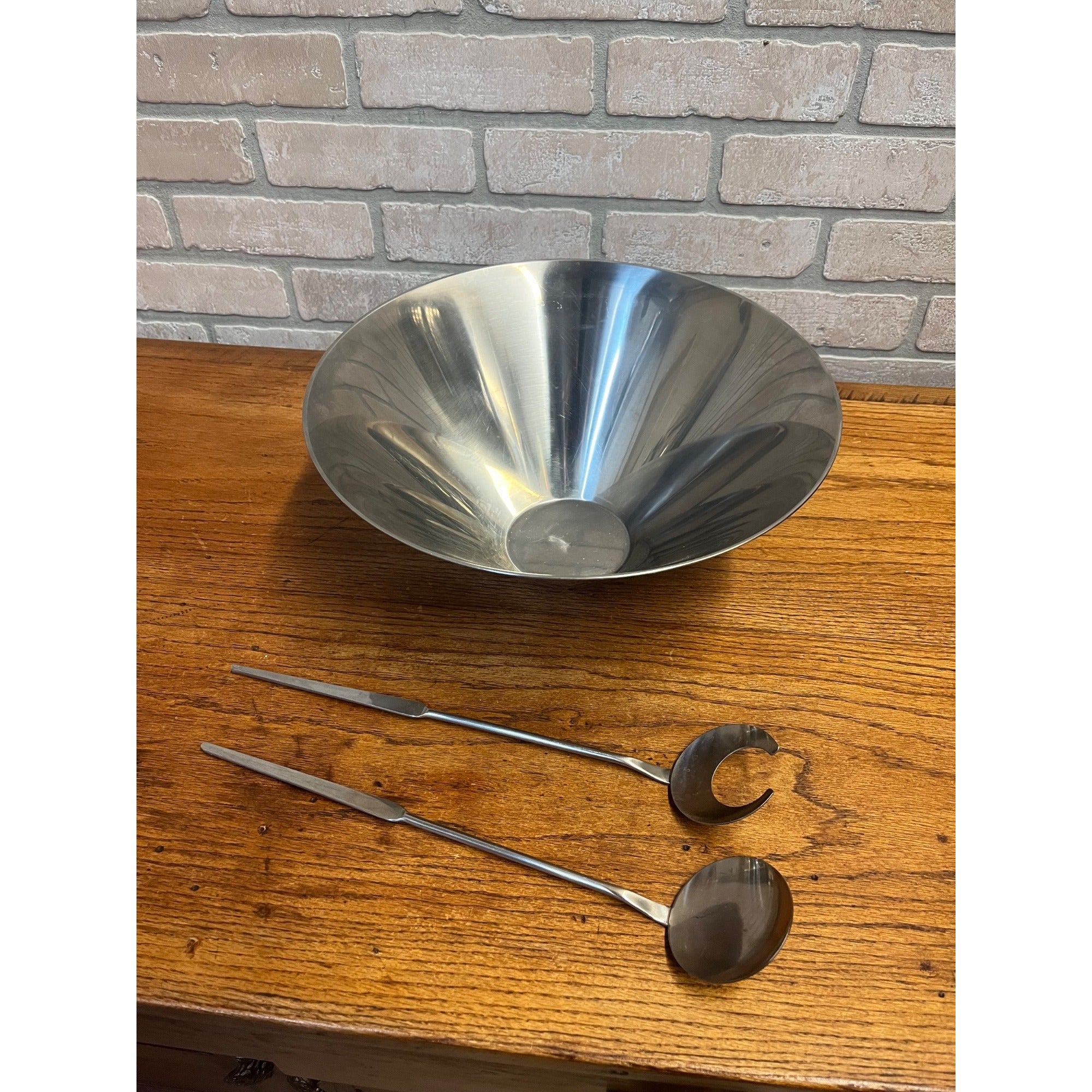 Vintage 1960s MCM Gabis Stainless Steel Salad Bowl & Serving Utensils Swedish