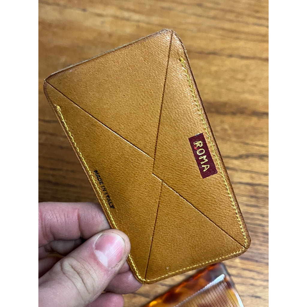 Vintage Tortoise Shell Pocket Comb 4" w/ Leather Case - Italy