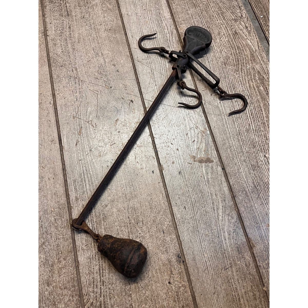 Antique Primitive Hanging Balance Scale With Weight 16.5" Long Meat/Fur