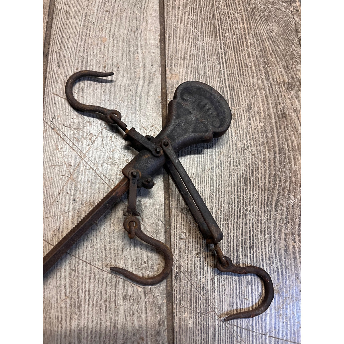 Antique Primitive Hanging Balance Scale With Weight 16.5" Long Meat/Fur