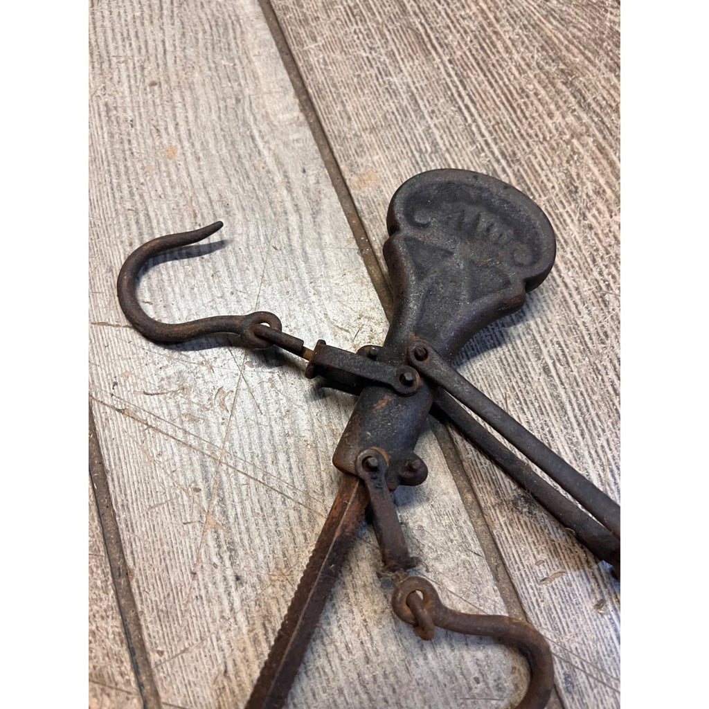 Antique Primitive Hanging Balance Scale With Weight 16.5" Long Meat/Fur