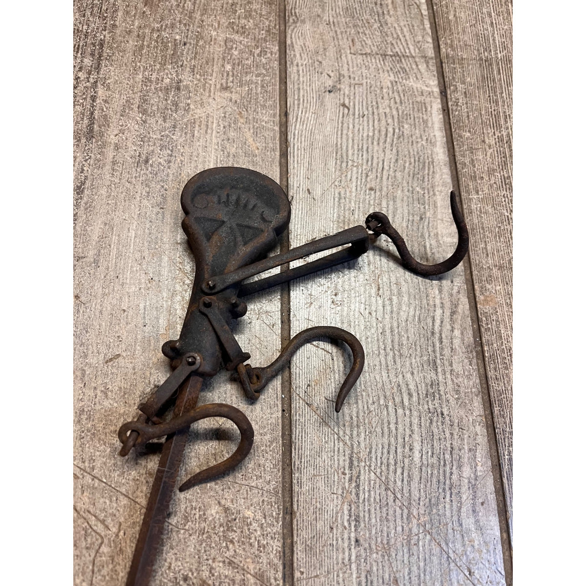 Antique Primitive Hanging Balance Scale With Weight 16.5" Long Meat/Fur