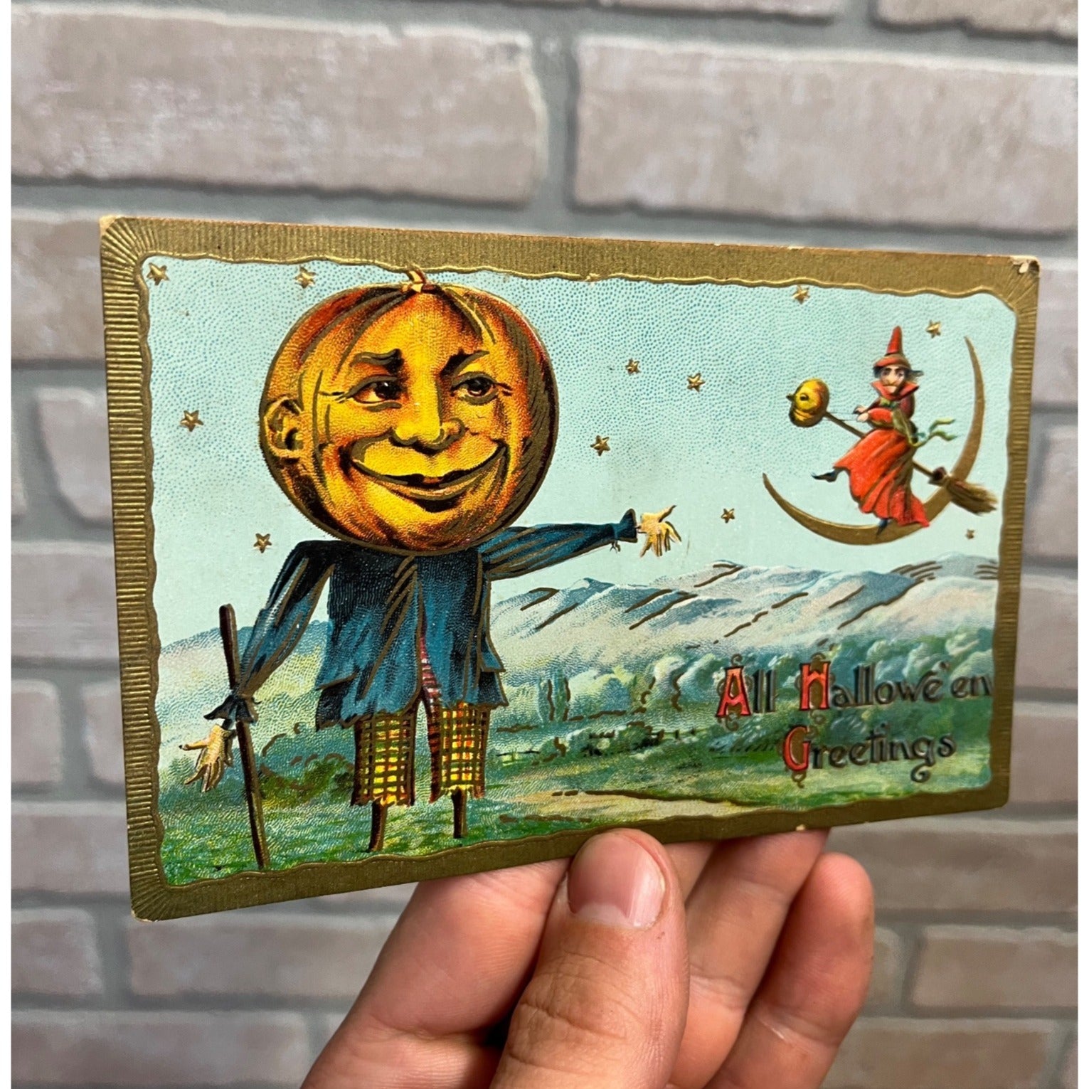 Vintage Gottschalk Halloween Postcard 2040 Pumkin Heads Scarecrow, Witch, Moon
