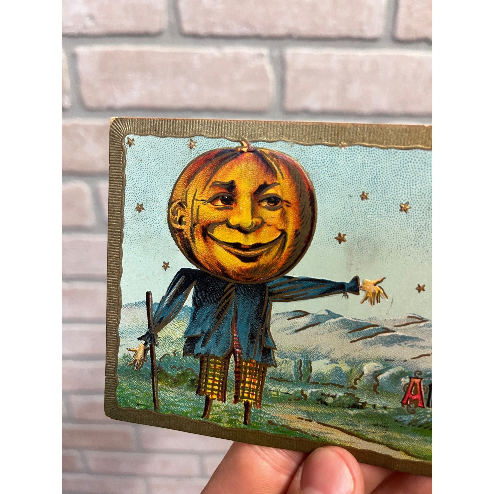 Vintage Gottschalk Halloween Postcard 2040 Pumkin Heads Scarecrow, Witch, Moon