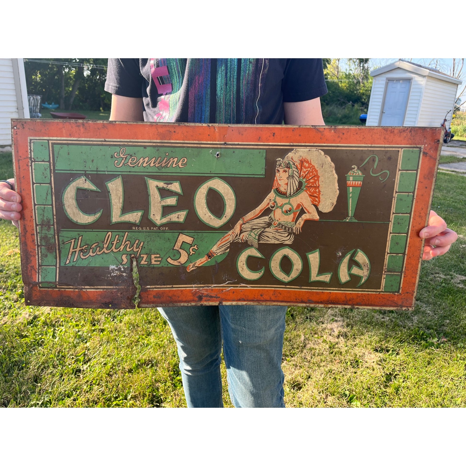 RARE Vintage 1930s Cleo Cola Egyptian Tin Metal Embossed Soda Advertising Sign