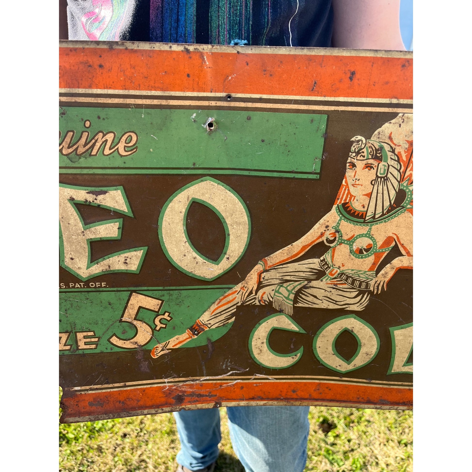RARE Vintage 1930s Cleo Cola Egyptian Tin Metal Embossed Soda Advertising Sign