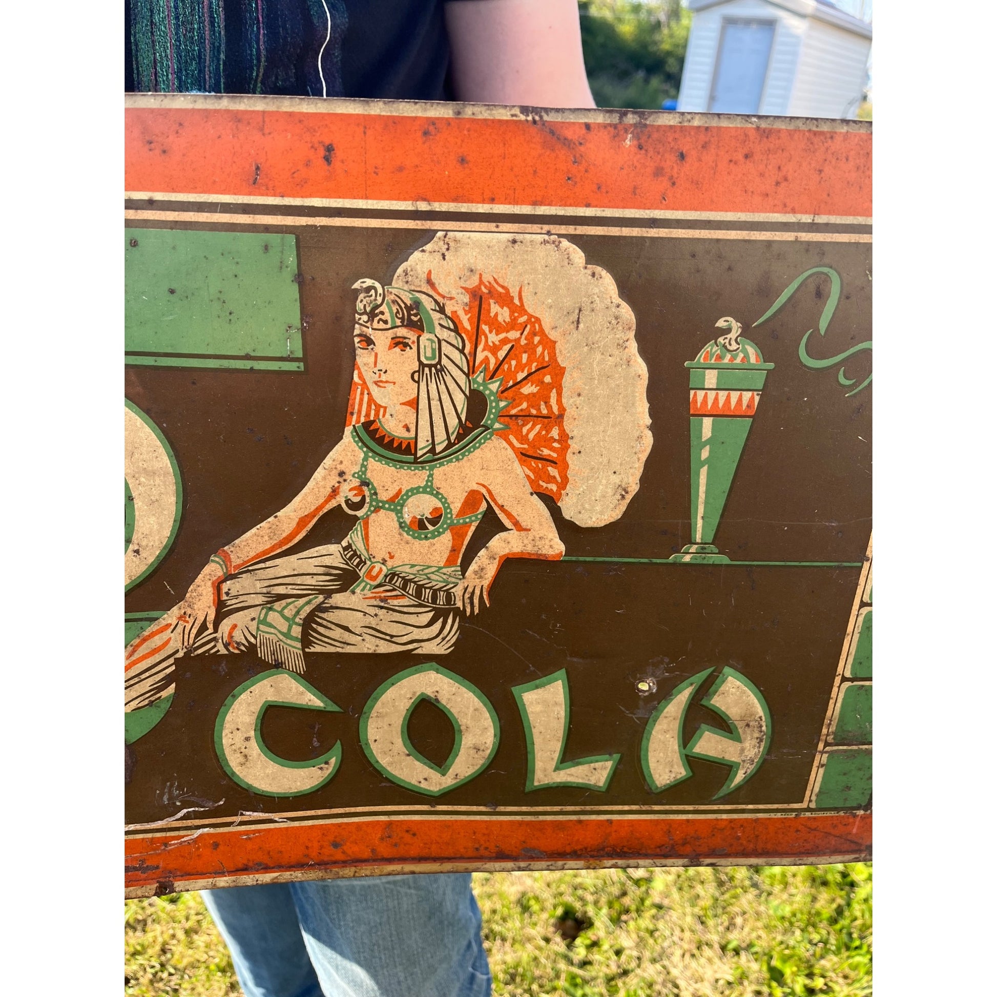 RARE Vintage 1930s Cleo Cola Egyptian Tin Metal Embossed Soda Advertising Sign