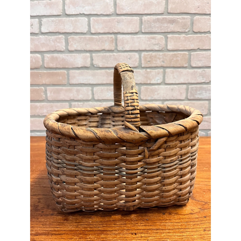 Antique 19th Century American Oak Splint Gathering Basket Primitive Folk Art