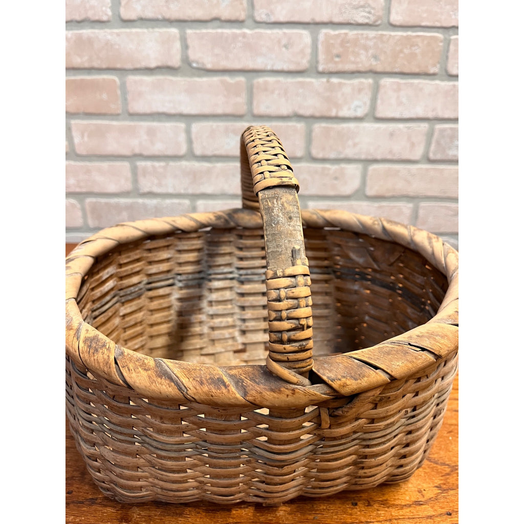 Antique 19th Century American Oak Splint Gathering Basket Primitive Folk Art