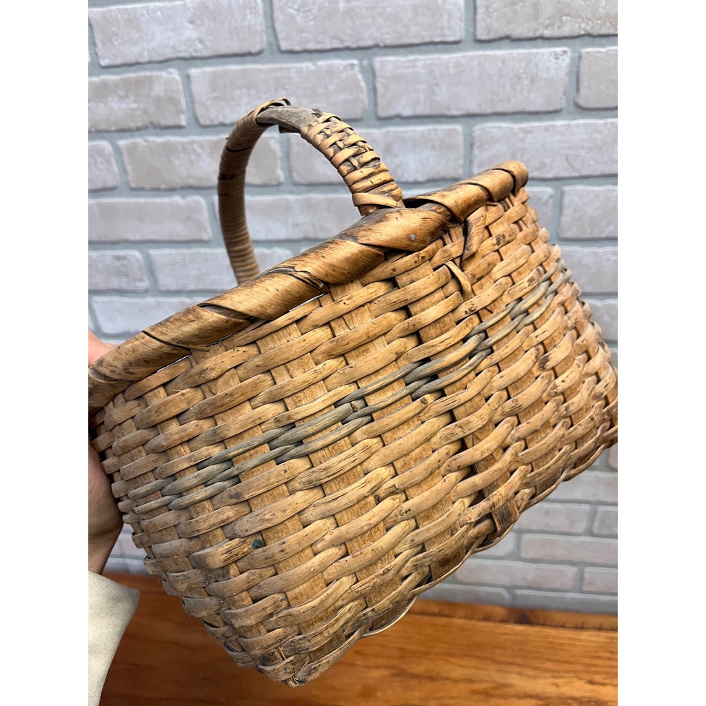 Antique 19th Century American Oak Splint Gathering Basket Primitive Folk Art