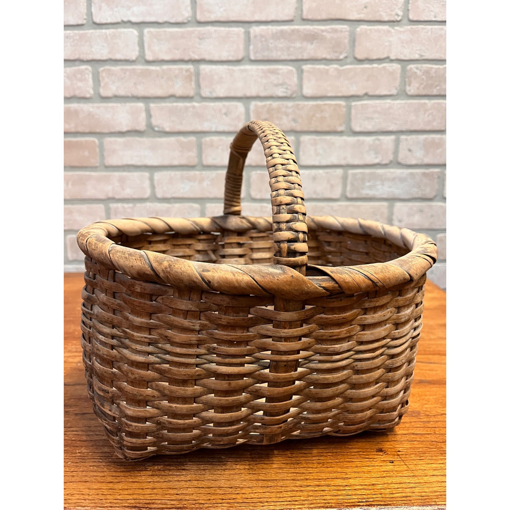 Antique 19th Century American Oak Splint Gathering Basket Primitive Folk Art