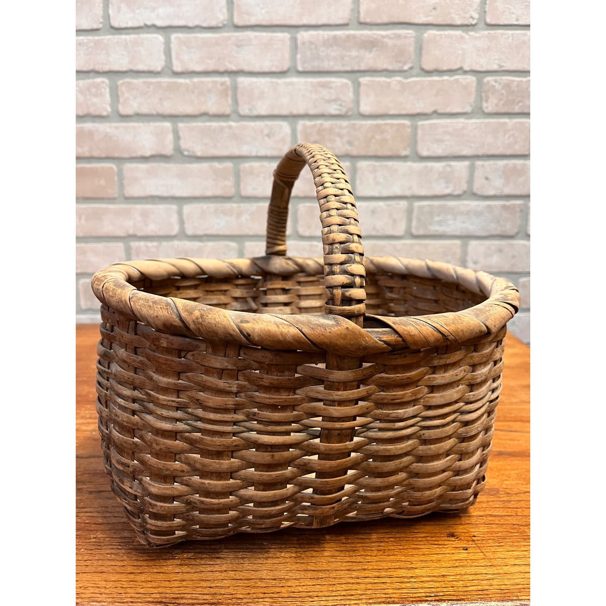 Antique 19th Century American Oak Splint Gathering Basket Primitive Folk Art