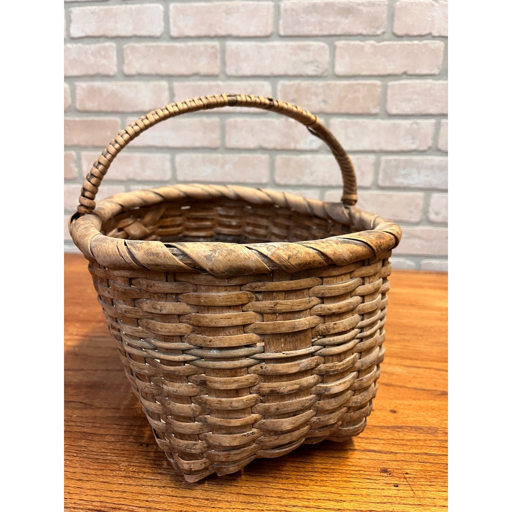 Antique 19th Century American Oak Splint Gathering Basket Primitive Folk Art