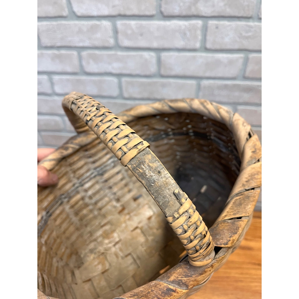 Antique 19th Century American Oak Splint Gathering Basket Primitive Folk Art