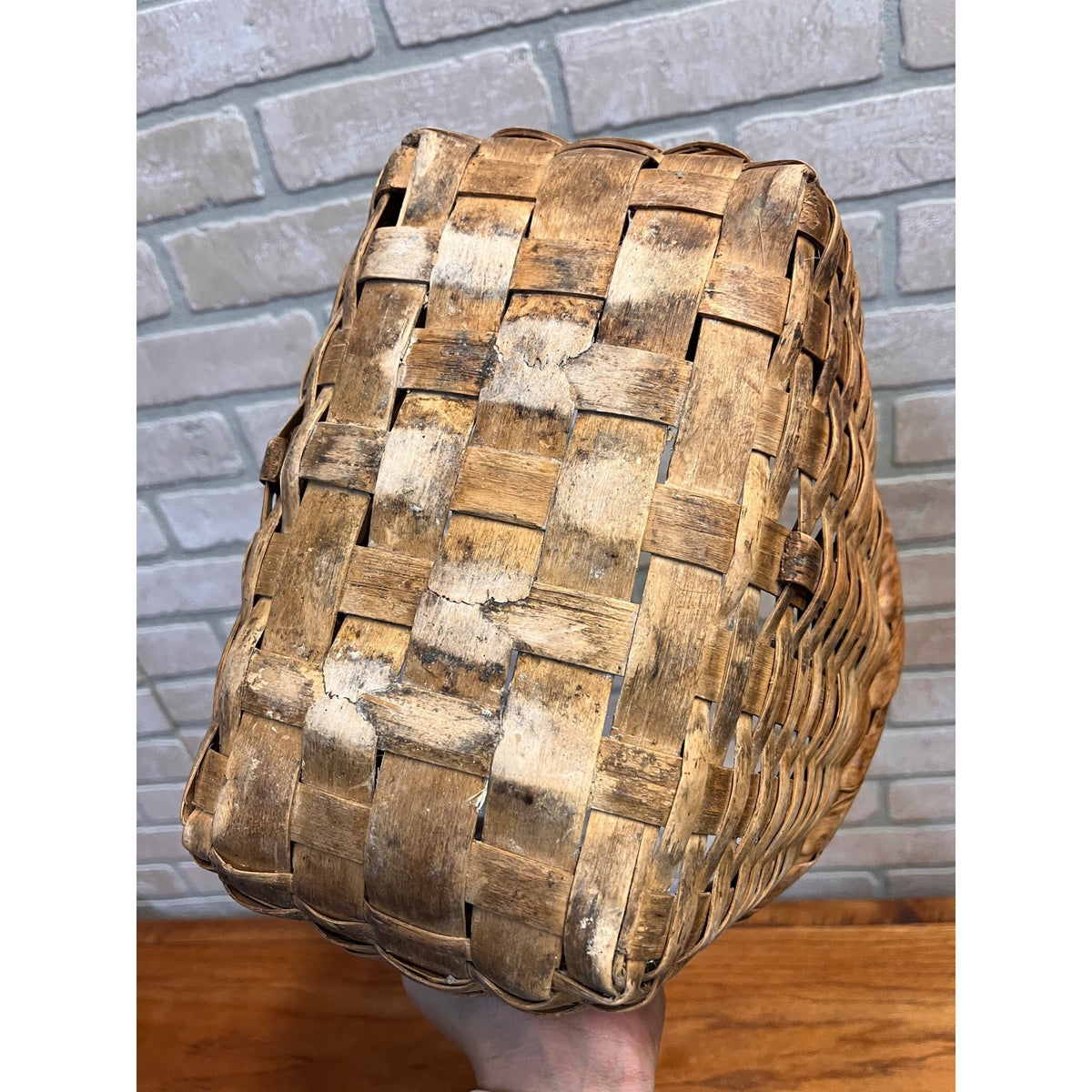 Antique 19th Century American Oak Splint Gathering Basket Primitive Folk Art