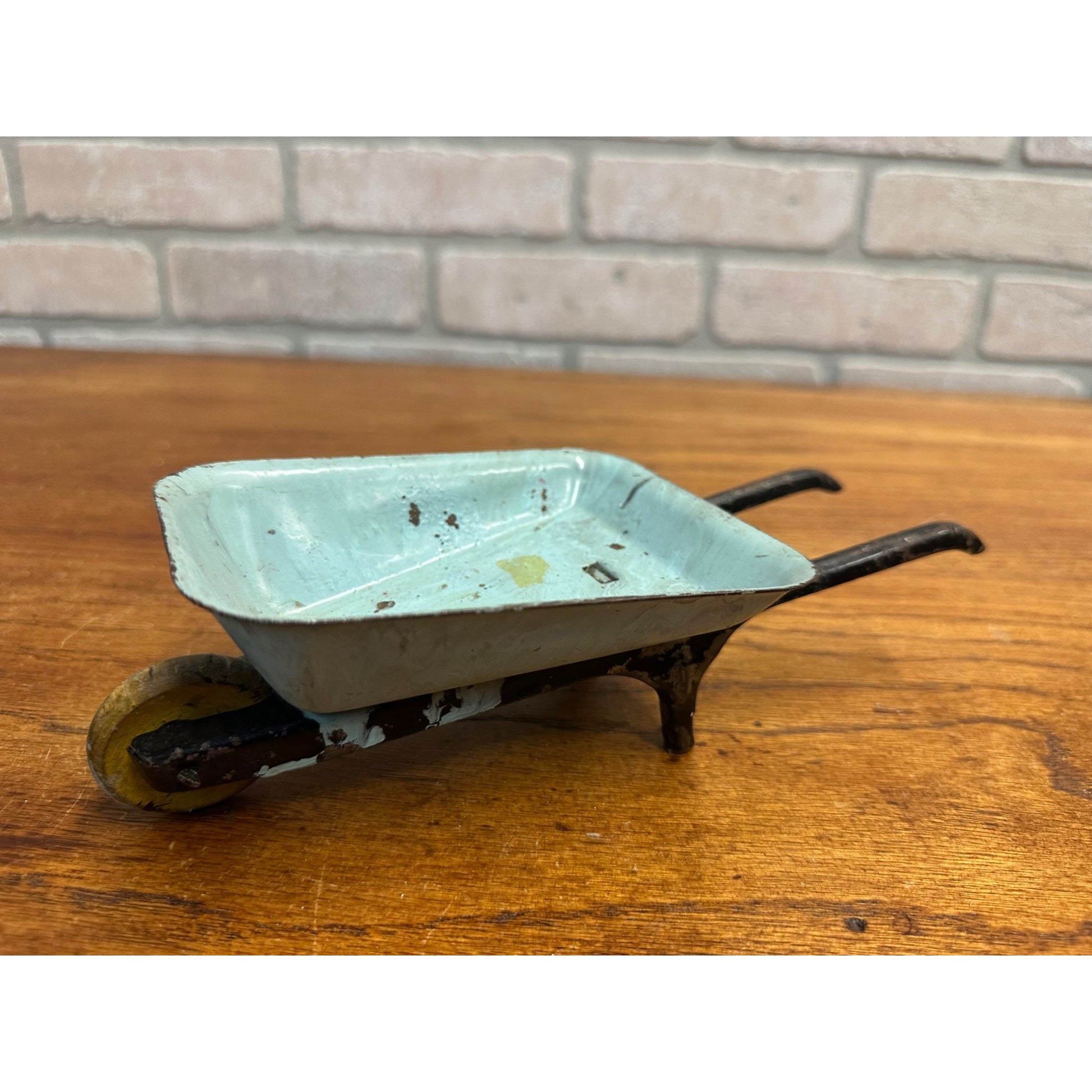 Vintage 1930s Wyandotte or Marx Pressed Steel Toy 9.5" Wheelbarrow Wood Wheel